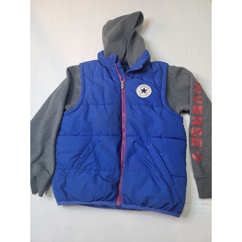 Converse All Star Boys Blue Puffer Vest Hoodie Jacket Gray Sleeves  M 10-12 2601